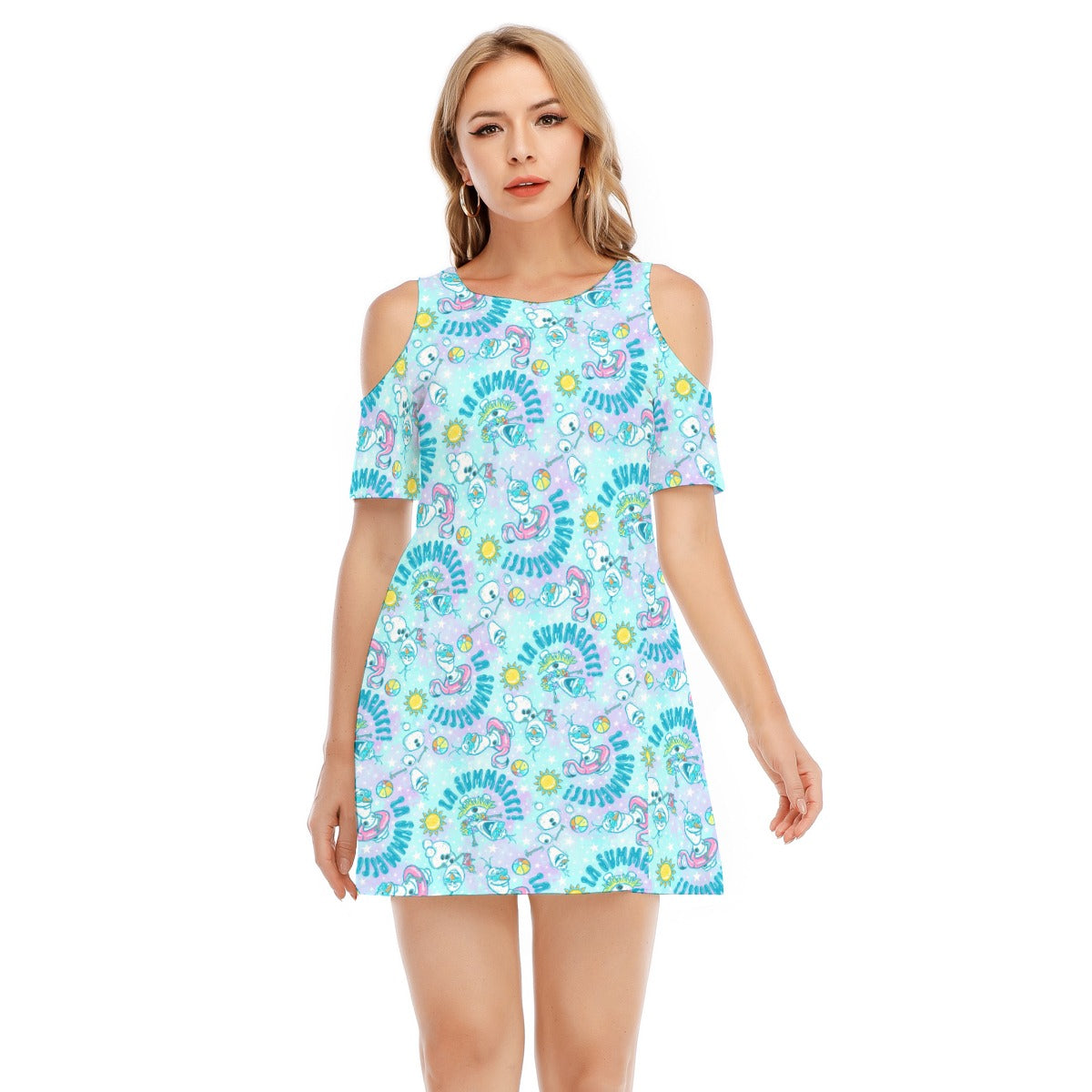 Sun-Kissed Snow Friend - Women's Cold Shoulder Cotton Dress