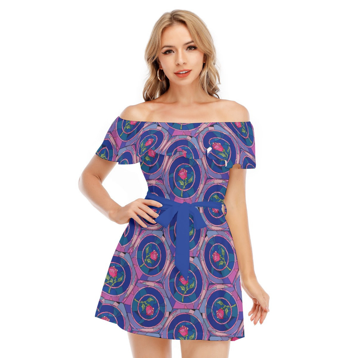 Enchanted Rose Stained Glass - Women's Off-shoulder Ruffle Dress