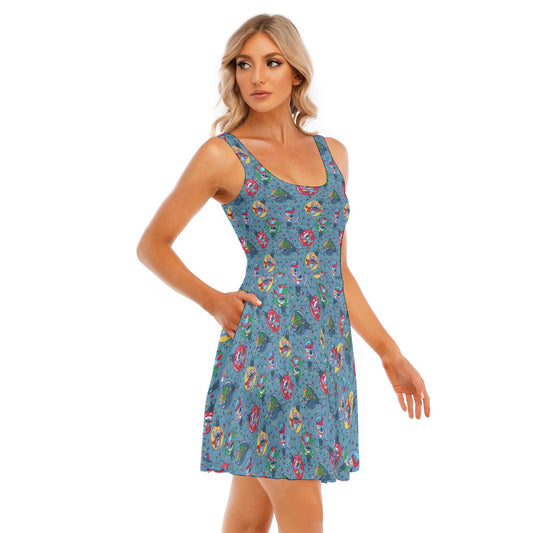 Holiday Baubles with Mischievous Blue Alien - Women's Sleeveless Pocket Skater Dress