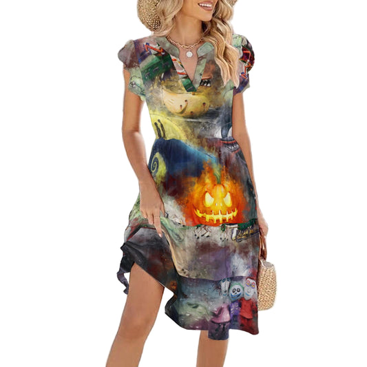 Watercolor Nightmare Town - Women's Tiered Pocket Midi Dress