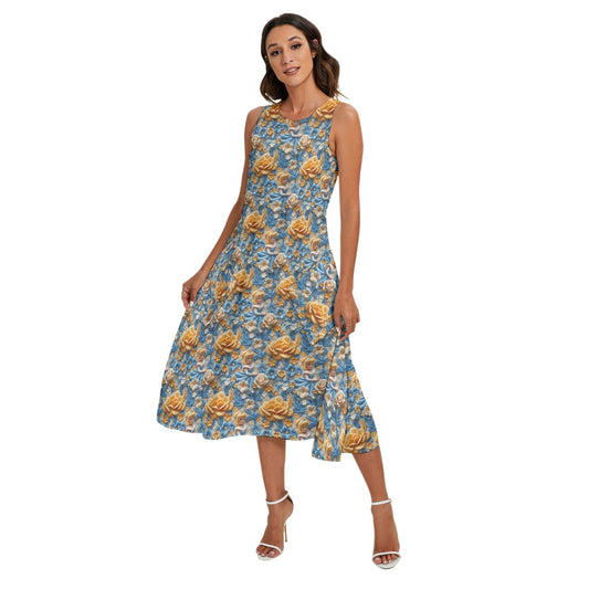 Regal Embroidered Cinderella - Women’s Diagonal Pocket Midi Dress
