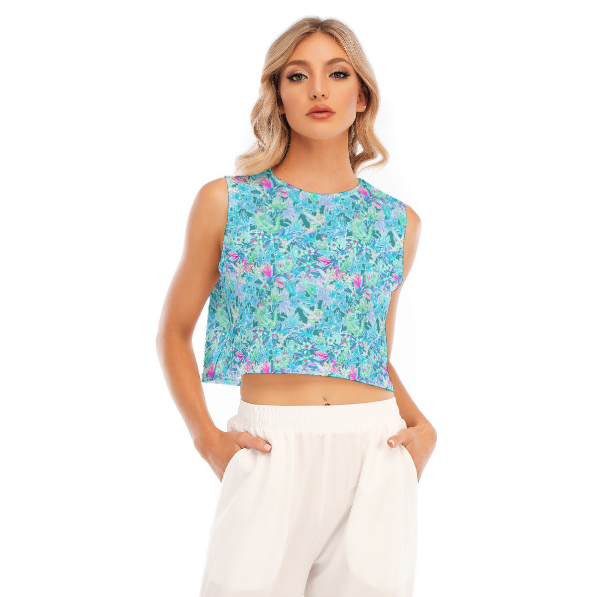 Bright Floral Flight - Neverland Adventure - Women’s Sleeveless Cropped Tee