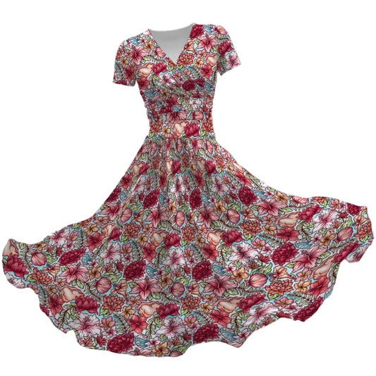 Fairytale Florals – Island Princess - Women's V-Neck Ruched Midi Dress