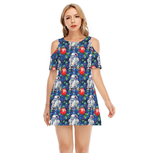 Little Blue Christmas Droid - Women's Cold Shoulder Cotton Dress