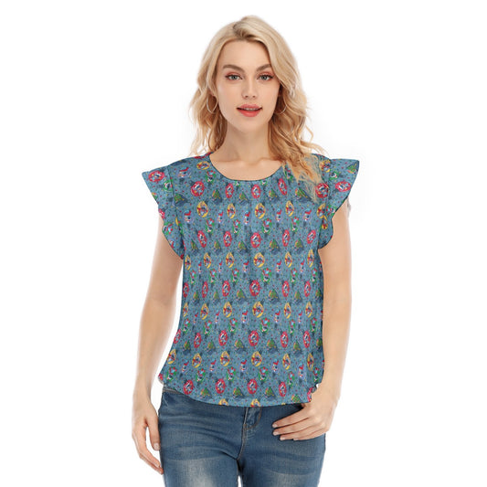 Holiday Baubles with Mischievous Blue Alien - Women’s Flutter Sleeve Top