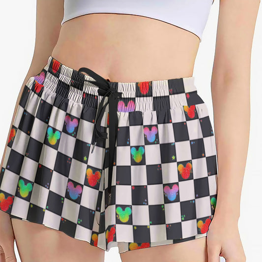 Rainbow Checker Mouse Ears - Women's Flowy Pocket Shorts