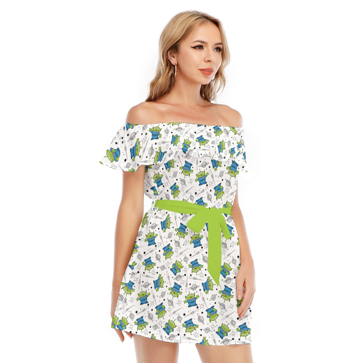 Playful Green Aliens on White - Women's Off-shoulder Ruffle Dress