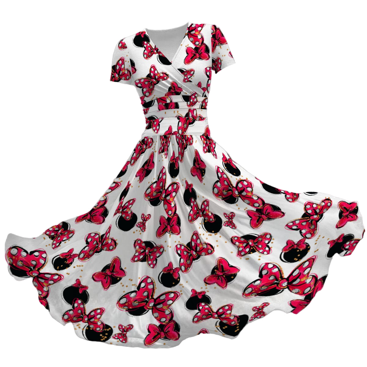 Polka Dot Bows & Mouse Ears - Women's V-Neck Ruched Midi Dress