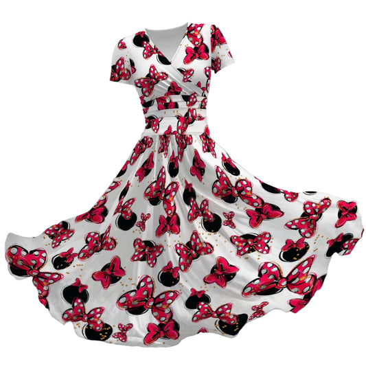 Polka Dot Bows & Mouse Ears - Women's V-Neck Ruched Midi Dress