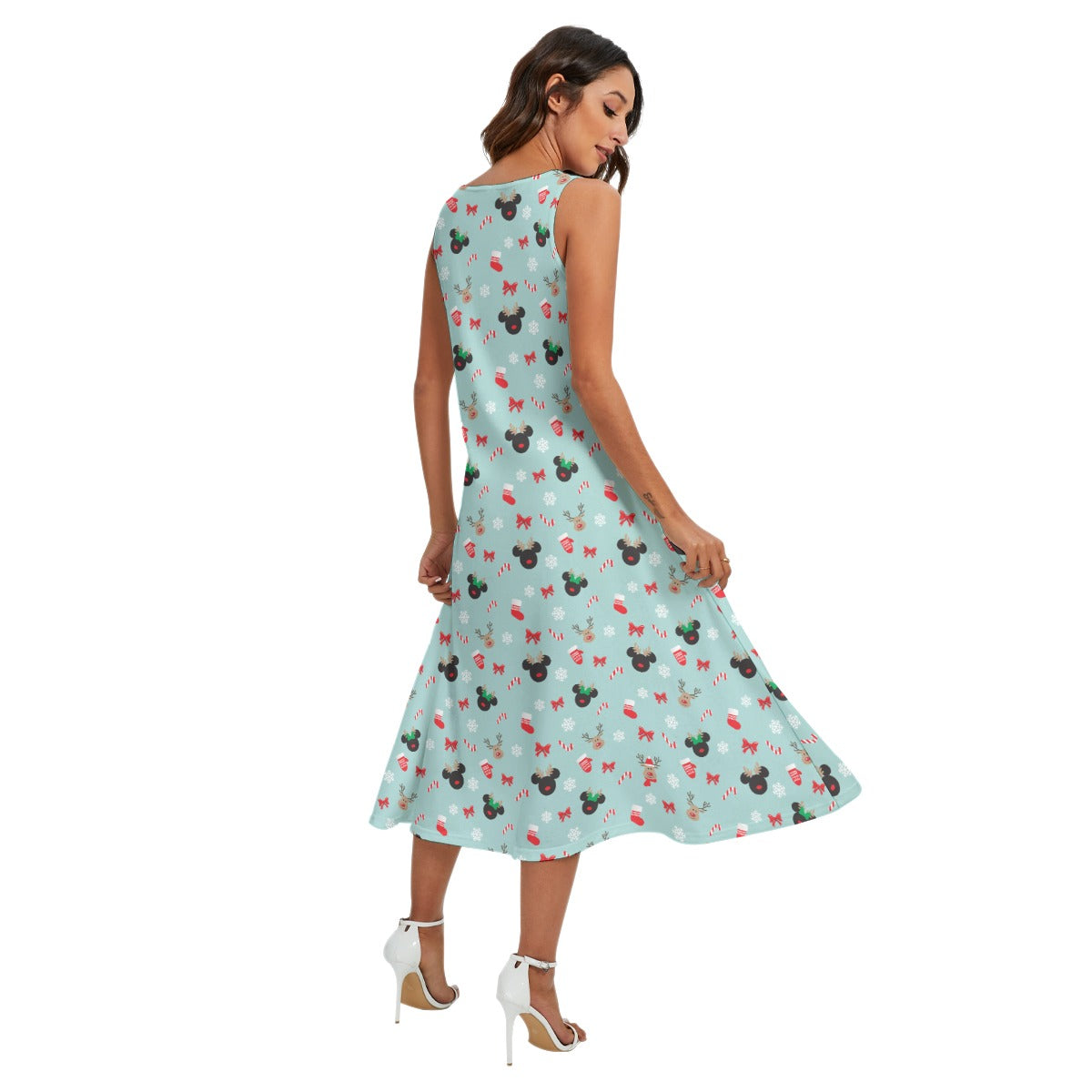 Festive Reindeer Mouse Holidayeers - Women’s Diagonal Pocket Midi Dress