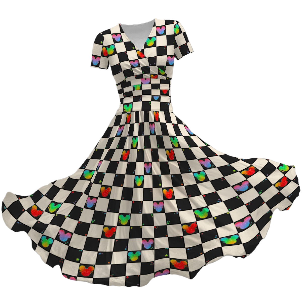 Rainbow Checker Mouse Ears - Women's V-Neck Ruched Midi Dress
