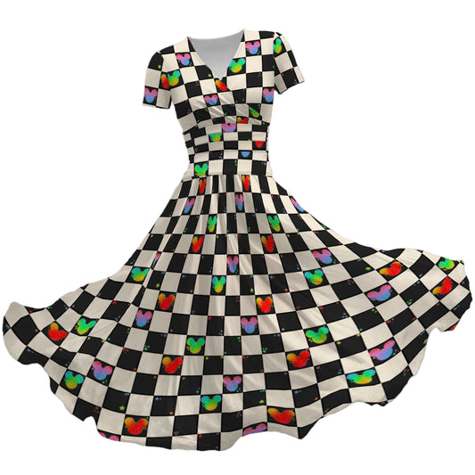 Rainbow Checker Mouse Ears - Women's V-Neck Ruched Midi Dress