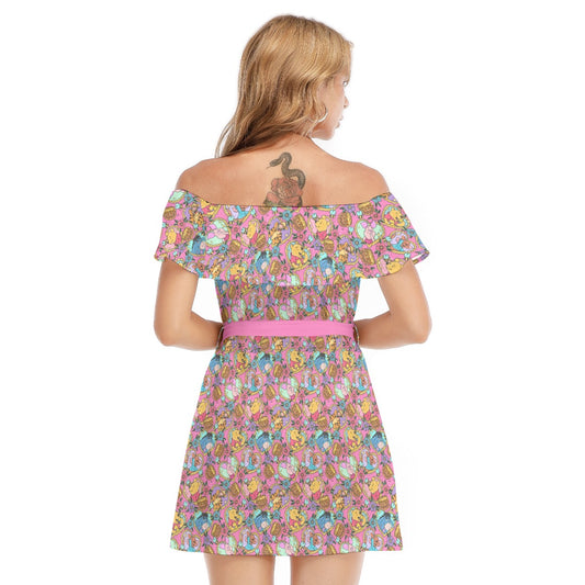 Tattoo Hearts Woodland Friends - Women's Off-shoulder Ruffle Dress