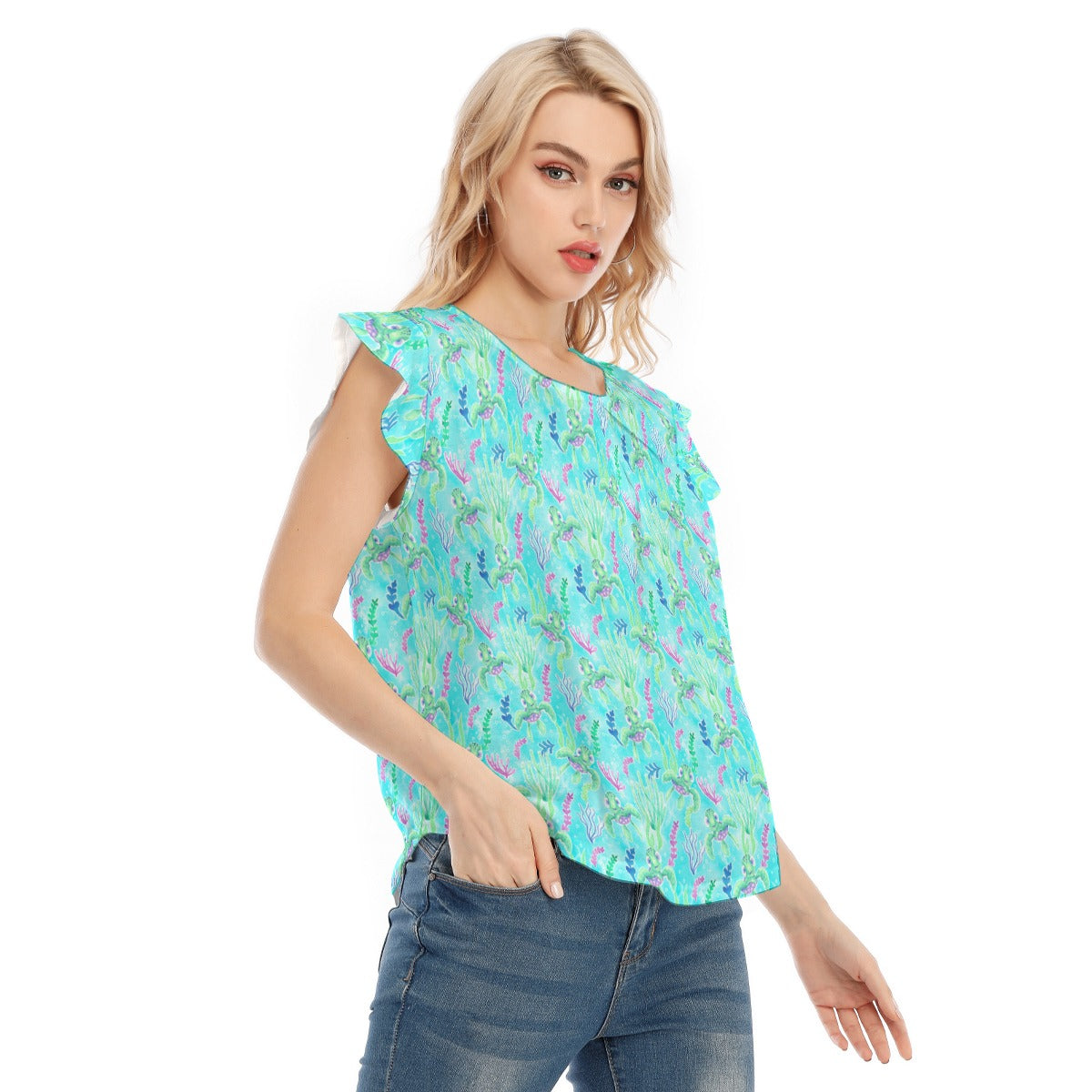 Neon Floral Baby Turtle - Women’s Flutter Sleeve Top