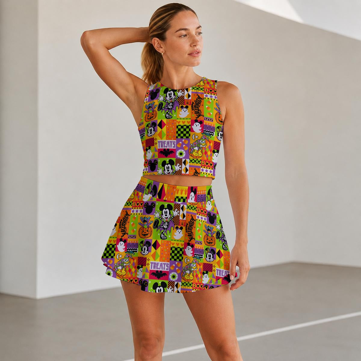Spooky Patchwork Treats - Women’s Athletic Skort Set with Open-Back Crop Top