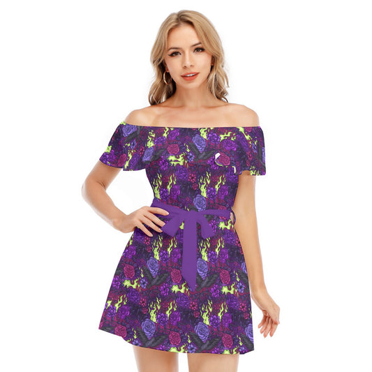 Fairytale Florals - Dark Enchantress - Women's Off-shoulder Ruffle Dress