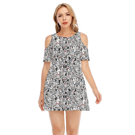 Sketchy Spotted Puppies - Women's Cold Shoulder Cotton Dress