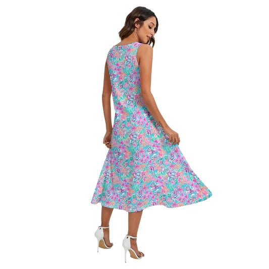 Bright Tropical Bloom - Goofy & Pluto - Women’s Diagonal Pocket Midi Dress