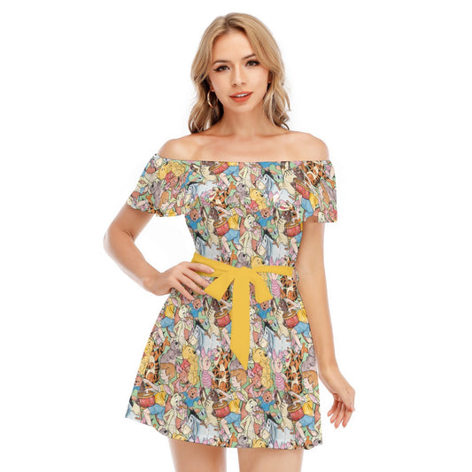 Sketched Hundred Acre Crew - Women's Off-shoulder Ruffle Dress