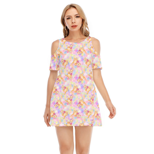 Watercolor Honey Bear - Women's Cold Shoulder Cotton Dress