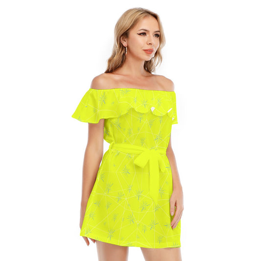 Joyful Blue & Yellow Florals - Women's Off-shoulder Ruffle Dress