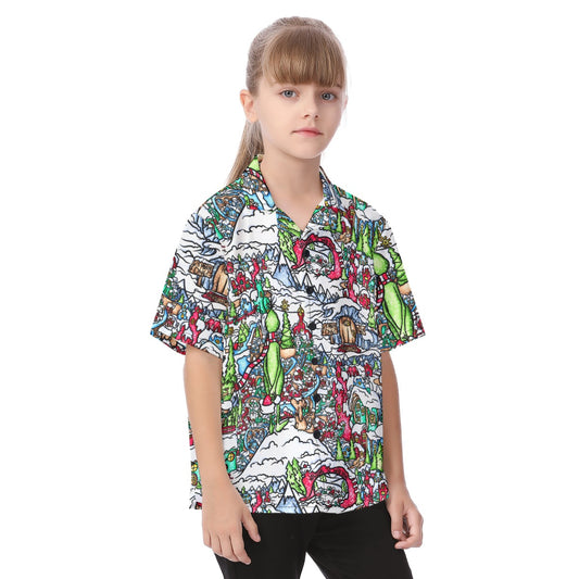 Whimsical Village Winter Wonderland - Kid's Hawaiian Button Up Shirt