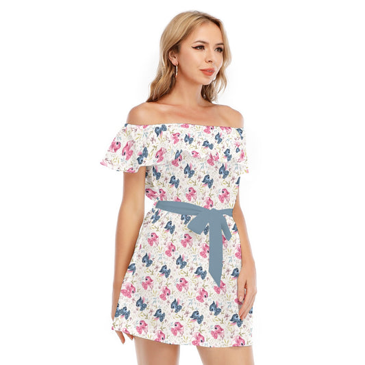 Blue Alien & Pink Friend Love - Women's Off-shoulder Ruffle Dress
