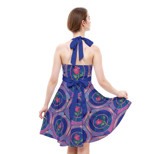 Enchanted Rose Stained Glass - Women's Halter Vintage Pocket Dress