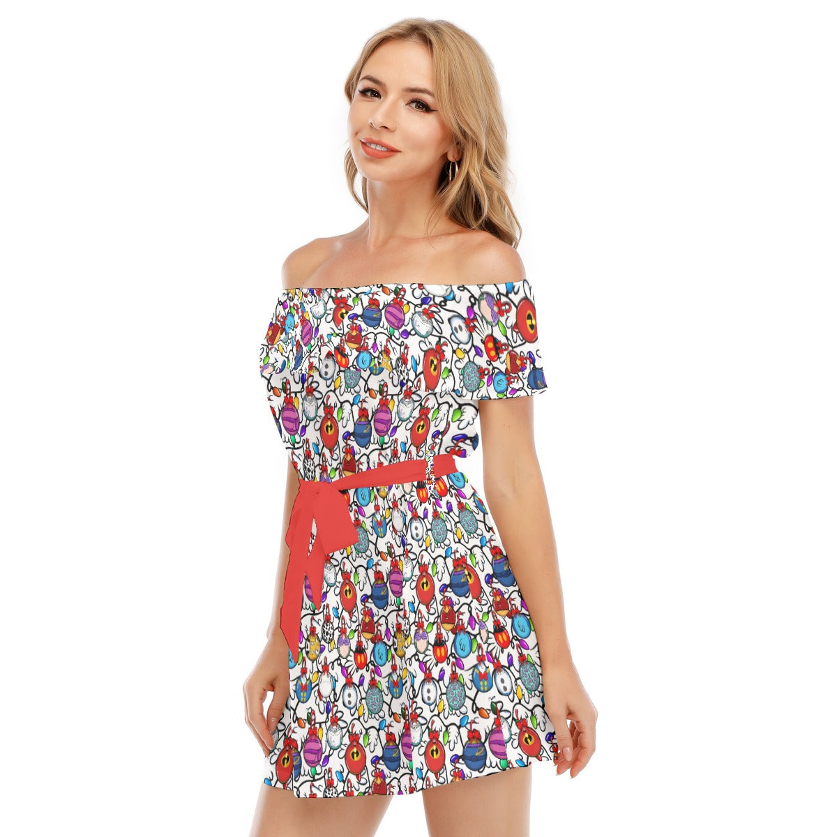 Festive Character Baubles on White - Women's Off-shoulder Ruffle Dress