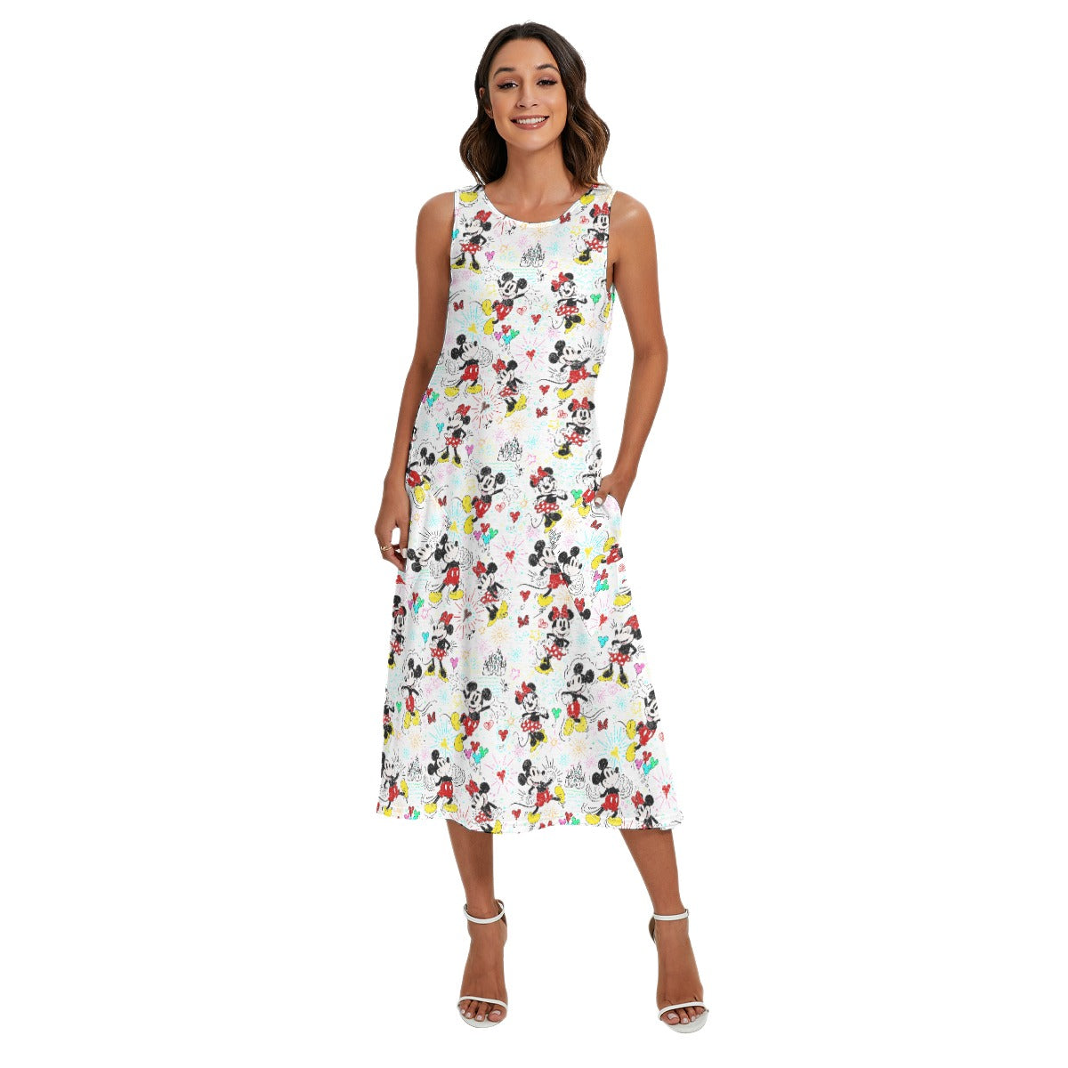Doodle Mouse Magic - Women’s Diagonal Pocket Midi Dress