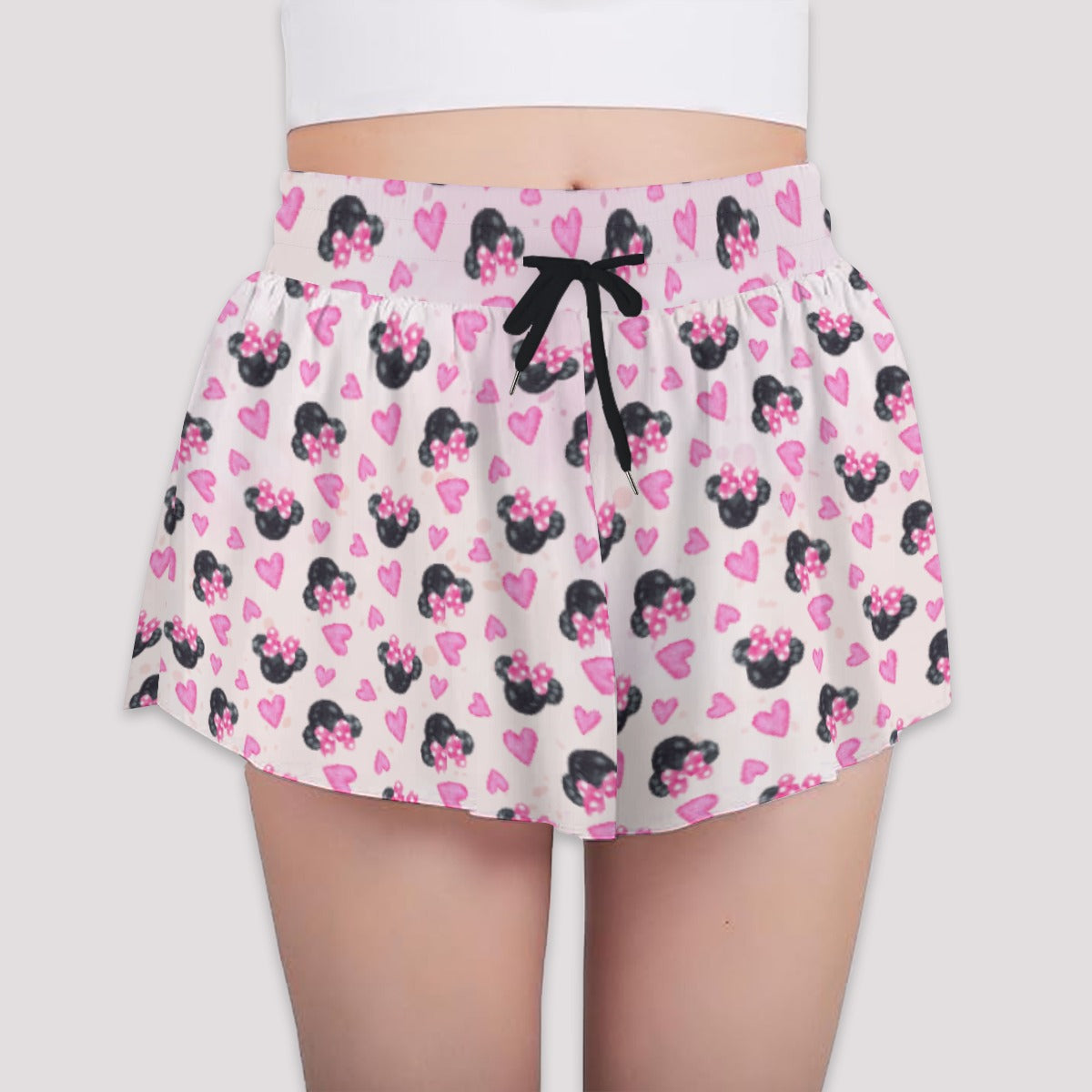 Watercolor Pink Bow Mouse Ears - Girls’ Flowy Pocket Shorts