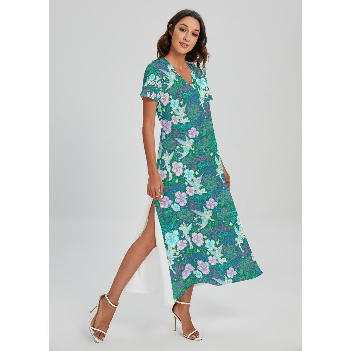 Pixie in Neon Blooms - Women's V-Neck Side Split Maxi Dress