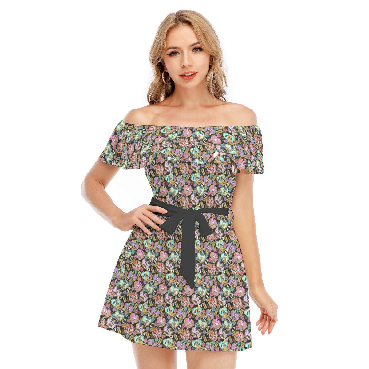 Tattoo Hearts Classic Crew - Women's Off-shoulder Ruffle Dress