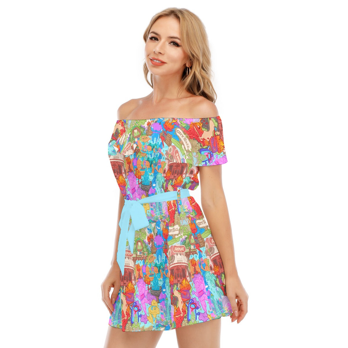 Element City Scene Collage - Women's Off-shoulder Ruffle Dress