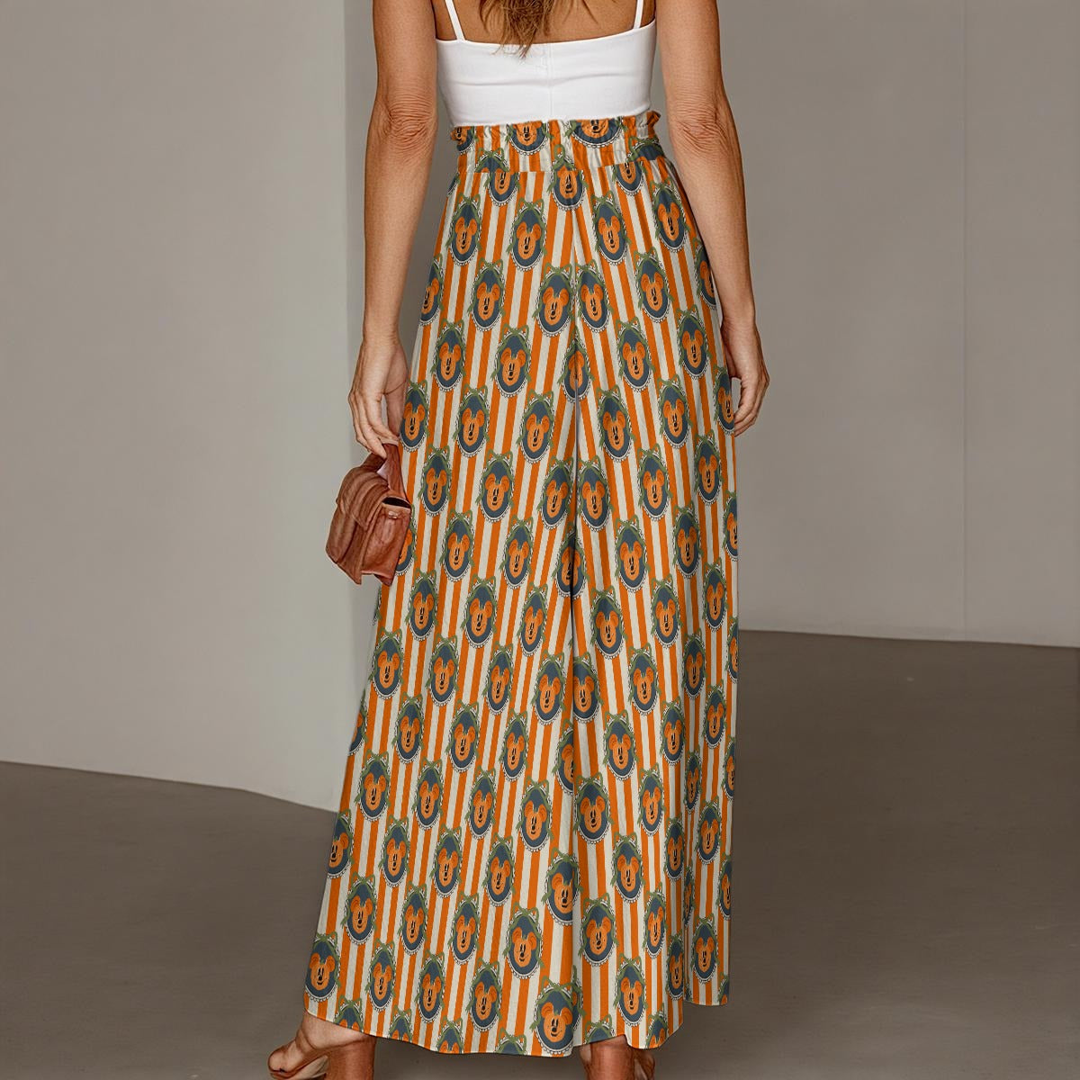 Pumpkin Cameo Stripes - Women's Ruffled Waist Wide-Leg Pants
