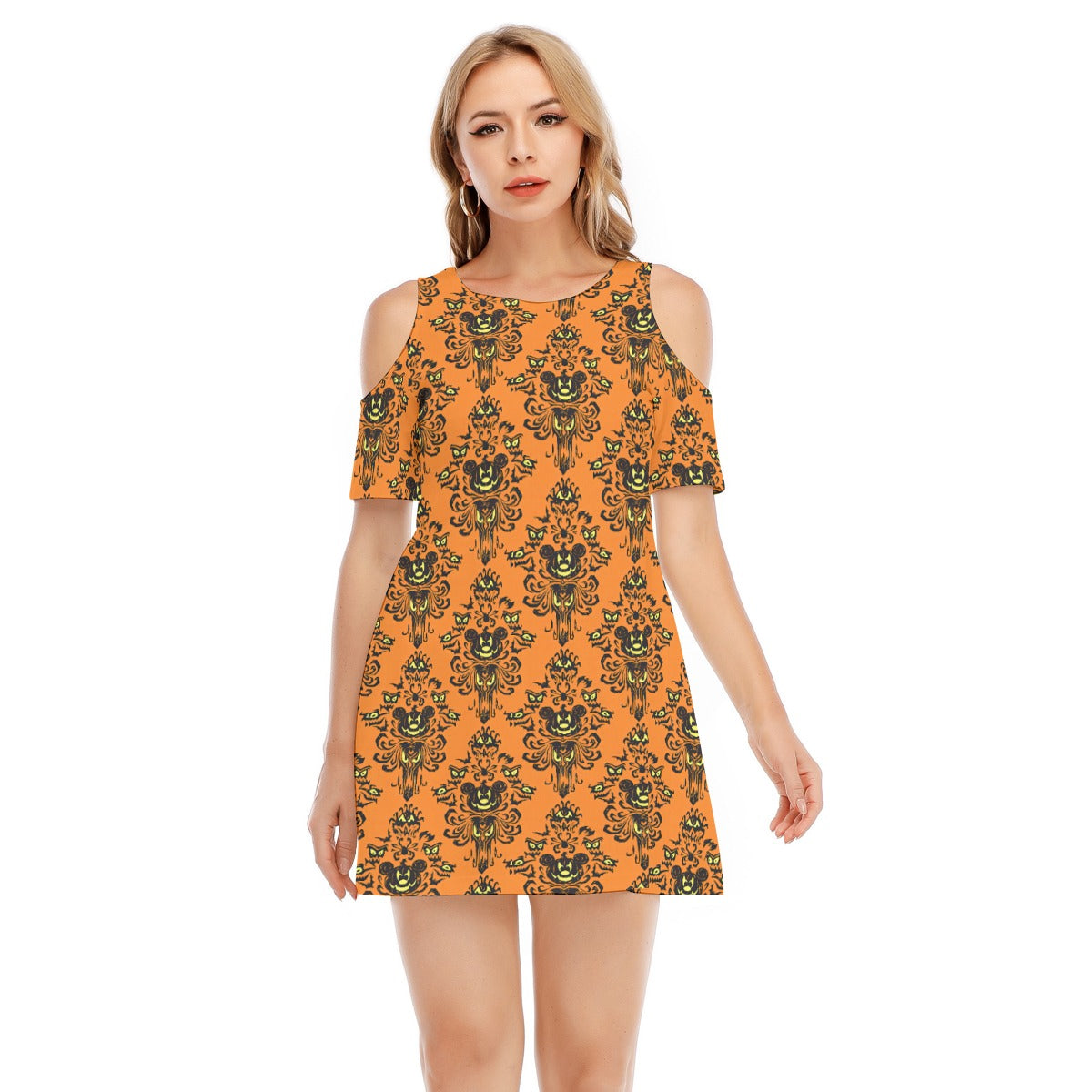 Haunted Halloween Mansion Wallpaper - Women's Cold Shoulder Cotton Dress