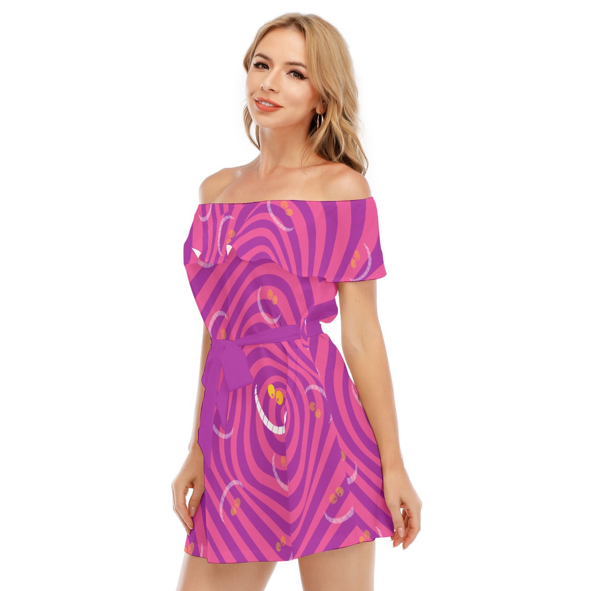 Whimsical Grinning Stripes - Women's Off-shoulder Ruffle Dress