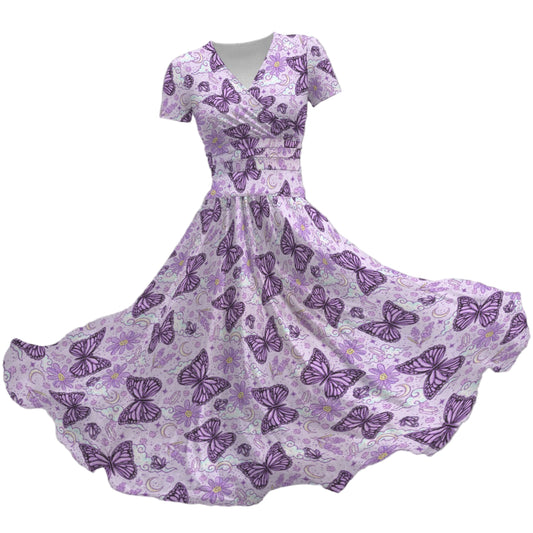 Lavender Butterflies - Women's V-Neck Ruched Midi Dress