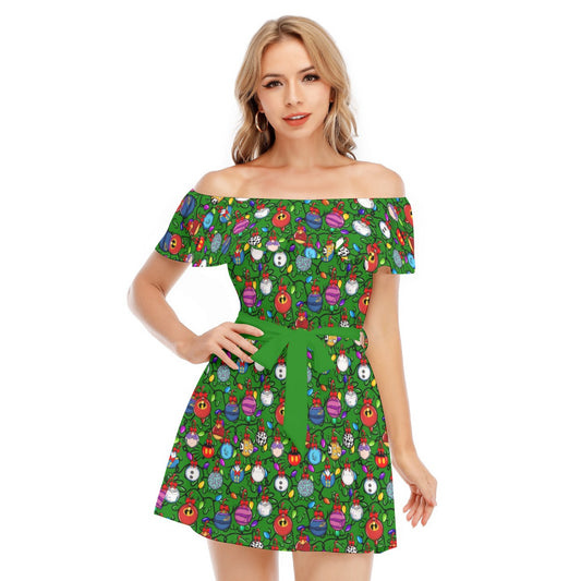 Festive Character Baubles on Green - Women's Off-shoulder Ruffle Dress