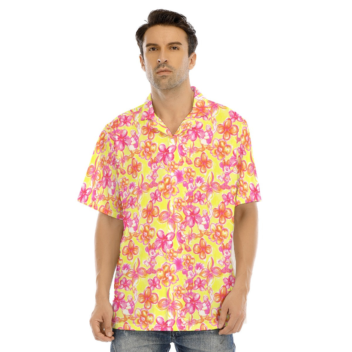 Neon Tropical Floral Mickey & Friends - Men's Hawaiian Button Up Shirt