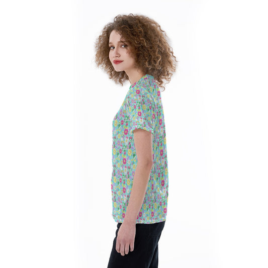 Neon Spring Floral Friendsends - Women's Short Sleeve V-Neck T-Shirt
