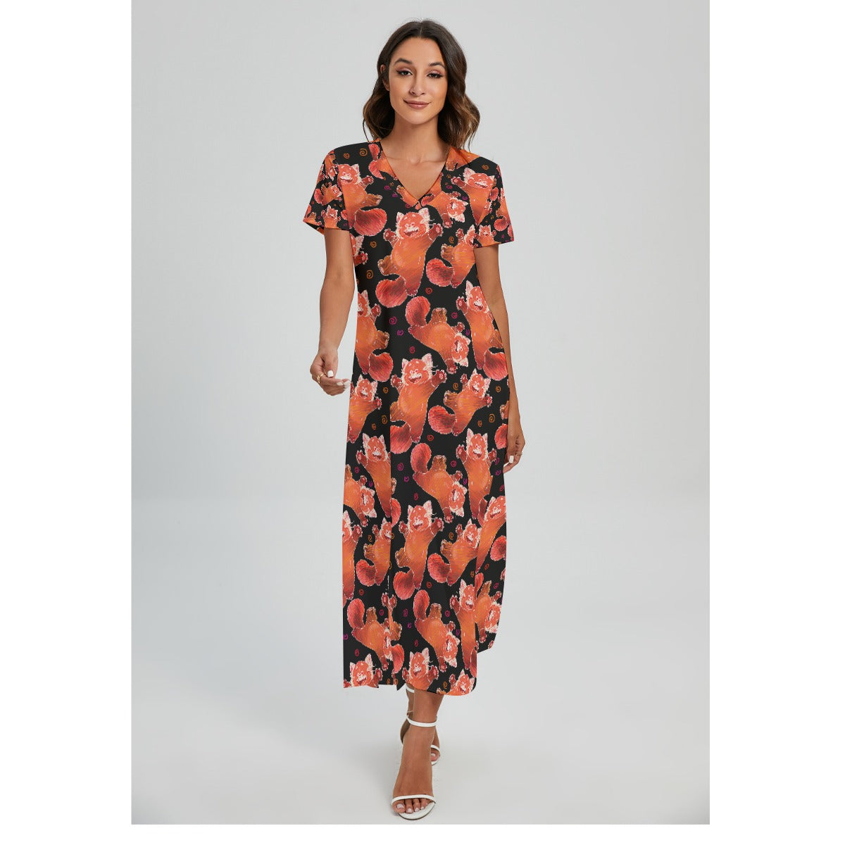 Scribbly Red Panda - Women's V-Neck Side Split Maxi Dress