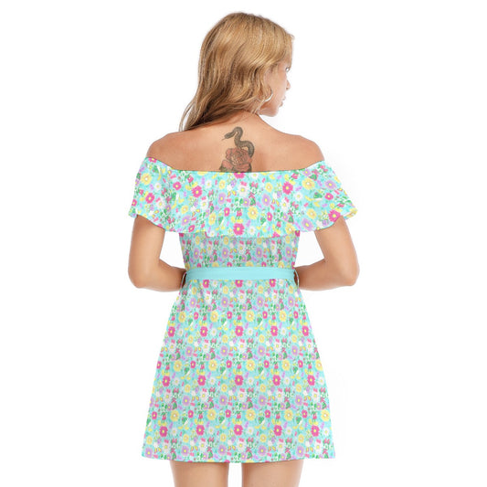 Neon Spring Floral Friends - Women's Off-shoulder Ruffle Dress