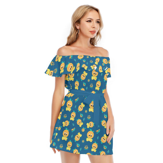 Cheerful Citrus Bird - Women's Off-shoulder Ruffle Dress