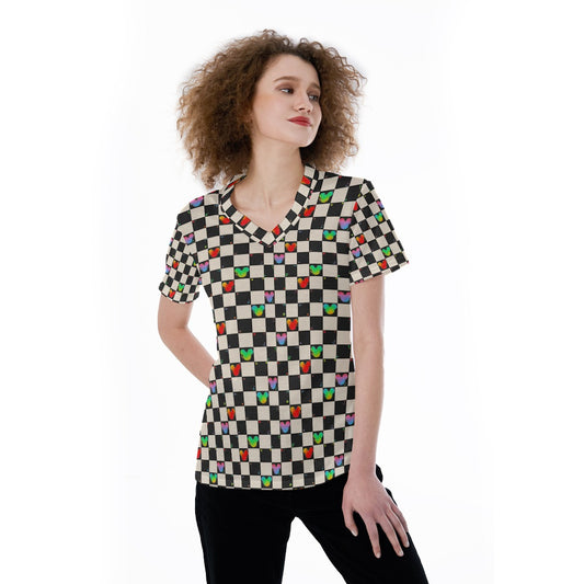 Rainbow Checker Mouse Ears - Women's Short Sleeve V-Neck T-Shirt