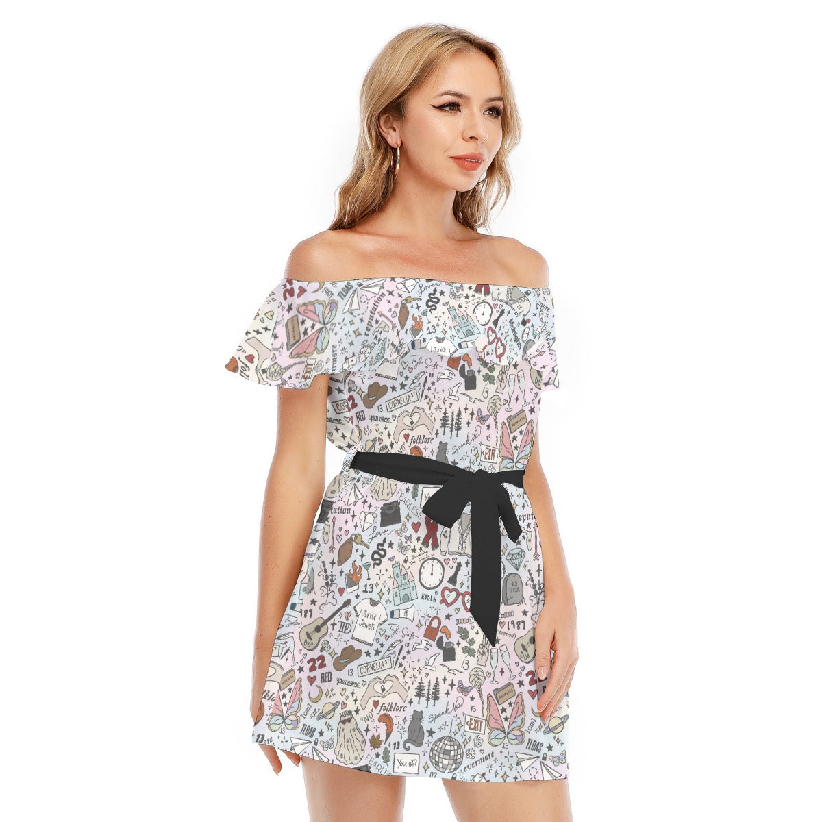 Every Era Collage - Women's Off-shoulder Ruffle Dress