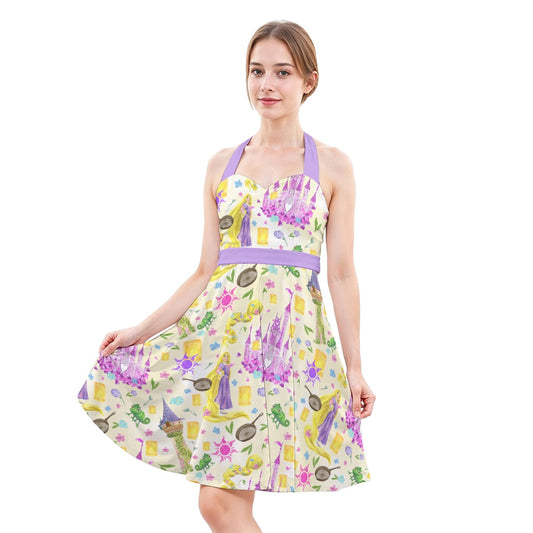 Watercolor Golden Hair Kingdom - Women's Halter Vintage Pocket Dress
