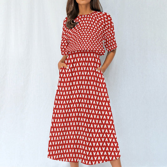 Playful Polka Dot Ears Red - Women’s Elastic Waist Pocket Midi Dress