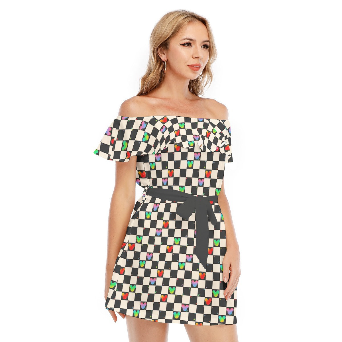Rainbow Checker Mouse Ears - Women's Off-shoulder Ruffle Dress