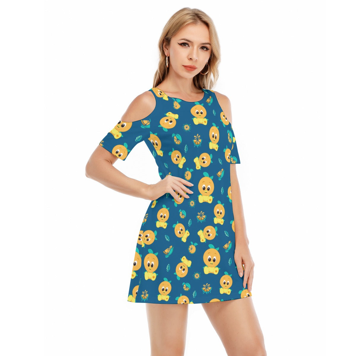 Cheerful Citrus Bird - Women's Cold Shoulder Cotton Dress